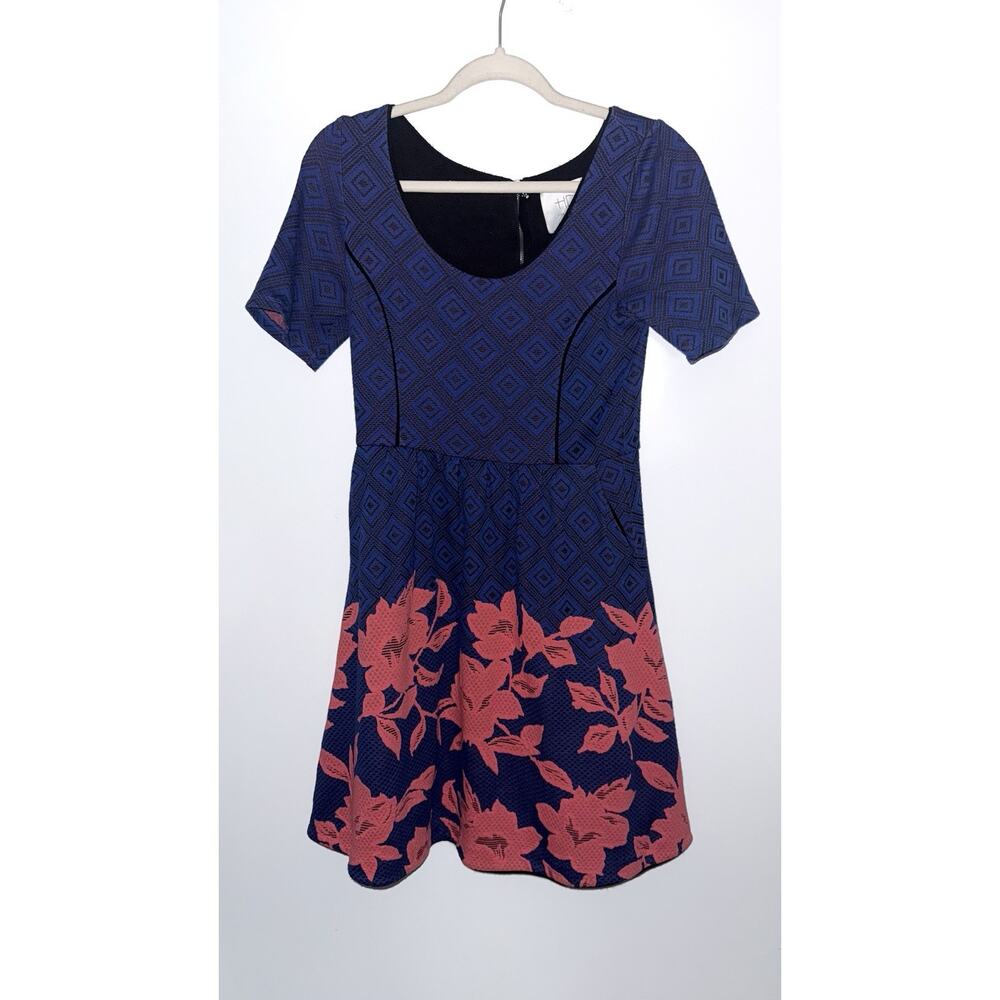 HD in Paris Anthropologie A-Line Knit Dress Blue Coral Pink Small